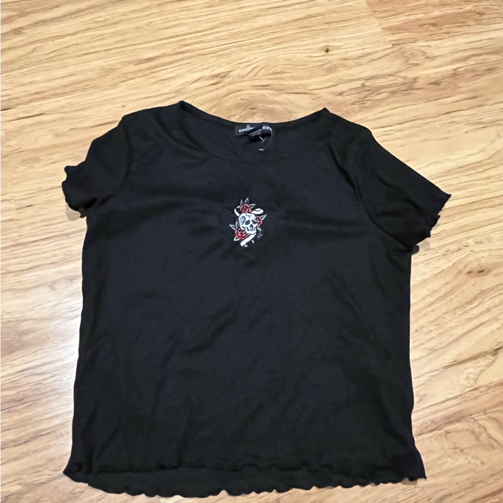 Black Embroidered Y2K Frilly Women's Top